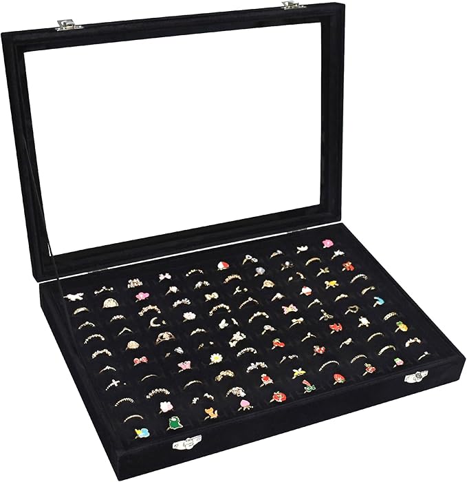 Vicoter Rings Organizer Tray 100 Slot Velvet Ring Earring Storage Box TranSparent Cover Jewelry Store Ring Display Box Jewelry Display Cabinet for Girl Wife Mother