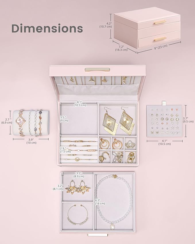 Lolalet 2-Layer Jewelry Box Organizer for Women Girls, Jewelry Storage Case Holder with Drawers for Necklaces Ring Earrings Bracelet Watch, Gifts Choice for Mom Mother’s Day -Pink