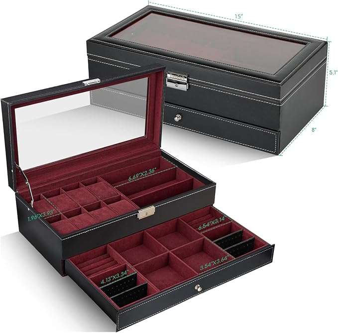 TomCare Watch Box 2-Tier Watch Case Jewelry Organizer Box with Thick Glass Lid Lockable Watch Organizer Jewelry Display Holder Sunglass Rings Necklaces Bracelets Storage Organizer for Men Women
