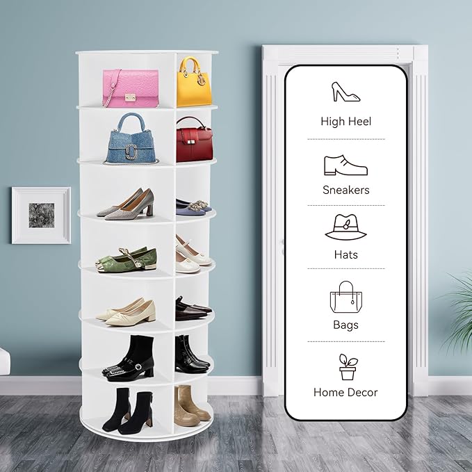 Rotating Shoe Rack Tower, 7 Tier 28 Pairs Large Shoe Storage Organizer, Space-Saving Free Standing Shoe Racks, 360° Revolving Round Shoe Rack for Closet Handbag Display, White