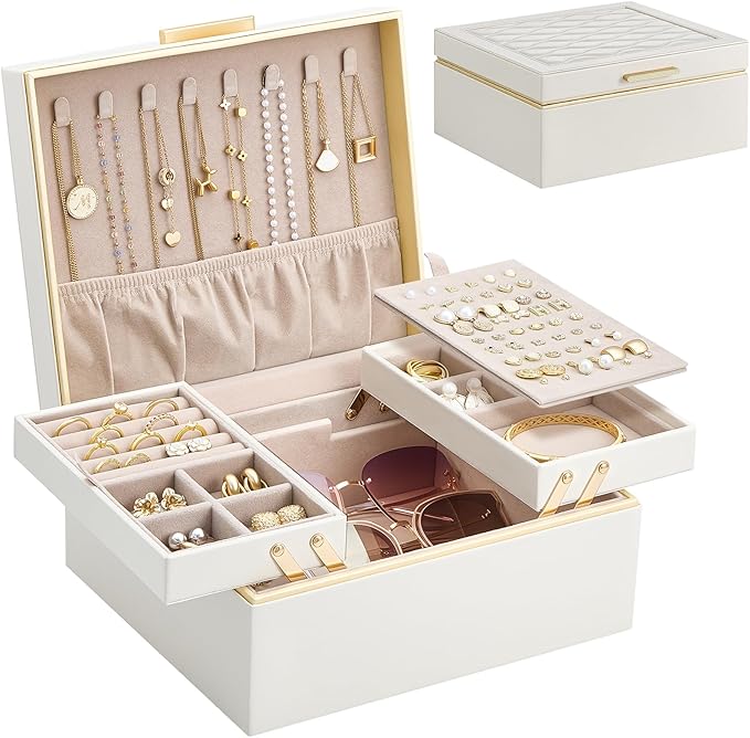 Lolalet Jewelry Box Organizer for Women Girls, 2 Layer Jewelry Organizers and Storage for Necklace Earrings Rings Bracelets, Large Jewellery Holder Case Birthday Mothers Day Gifts -Cream