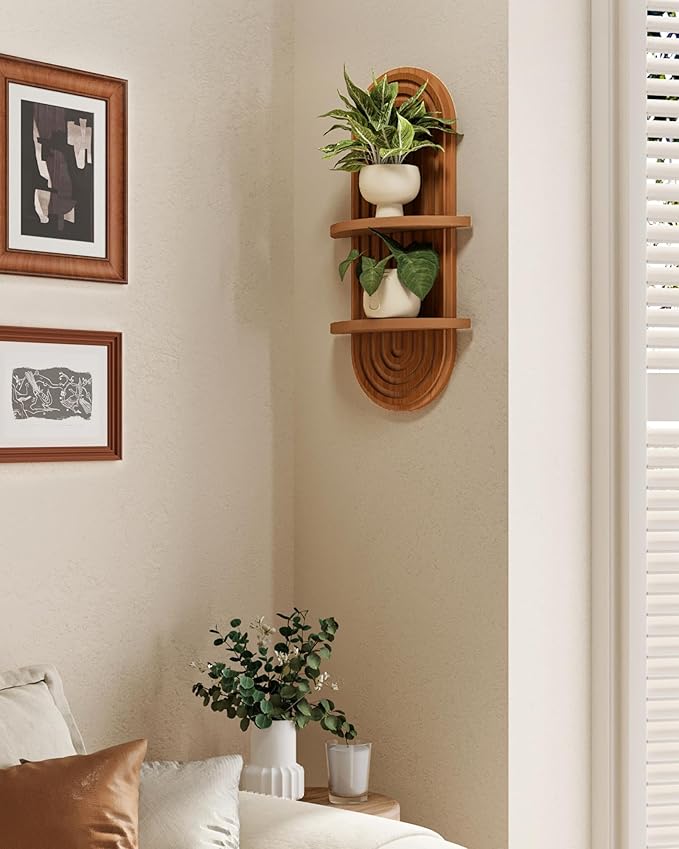 Bamworld Plant Wall Shelf Boho Wall Decor Brown Hanging Plant Shelf Mid Century Modern Decor 2-Tier Wooden Floating Shelves for Home, Bathroom Living Room Office Holding Planter Decoration, 1Pcs