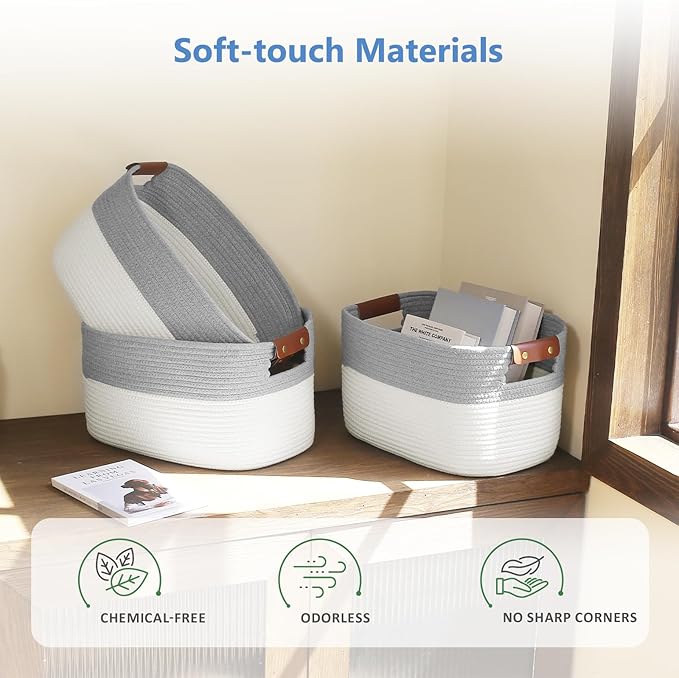 ECDYQXVU Cotton Rope Storage Baskets,15x10x9 in,Foldable Storage Bins, Decorative Woven Basket Cube Storage Organizer for Laundry, Towel, Clothes (White/Grey-3Pack, 15x10x9 inches)