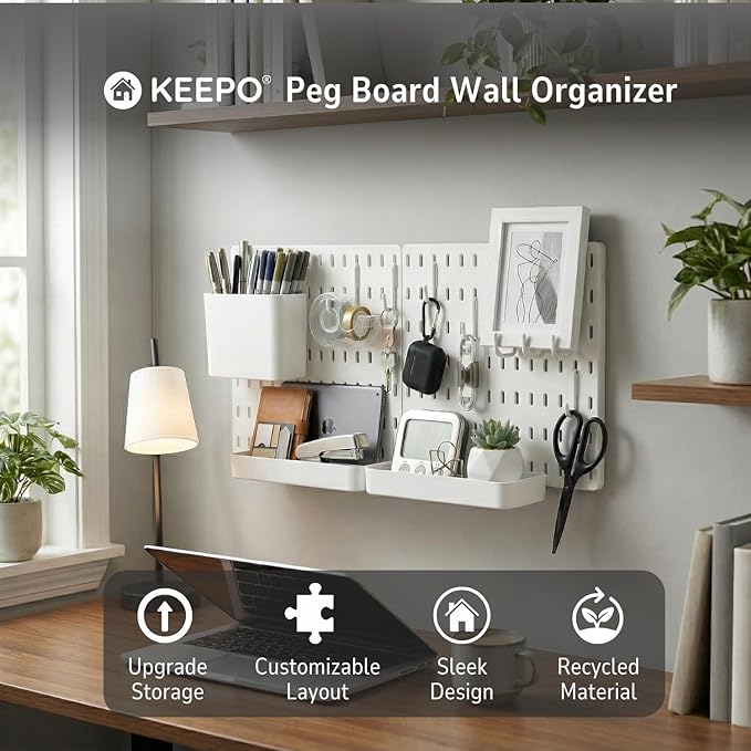 Keepo Peg Board Wall Organizer – Plastic Pegboard Panels, Modular Peg Board Storage System for Home Office, Craft Room, Gaming Setup (White, 22″×11″)