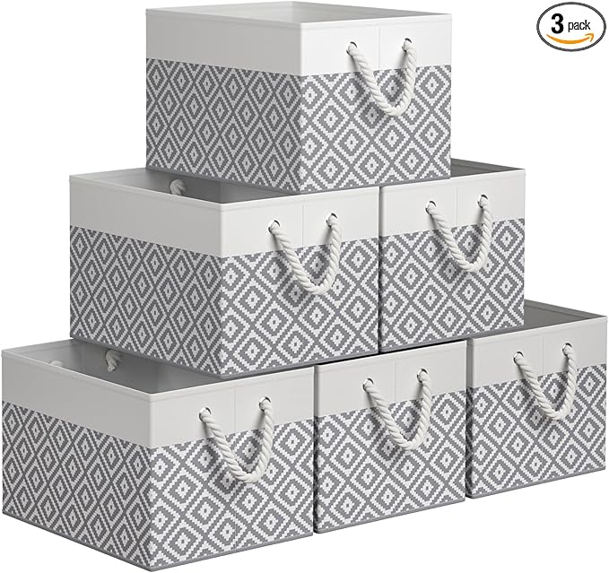StorageTastic Storage Bins, 6-Pack Large Storage Box with Rope Handles, Collapsible Storage Basket for Organizing Books,Clothes,Rhombic Grey