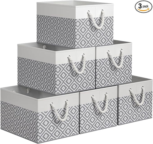 StorageTastic Storage Bins, 6-Pack Large Storage Box with Rope Handles, Collapsible Storage Basket for Organizing Books,Clothes,Rhombic Grey
