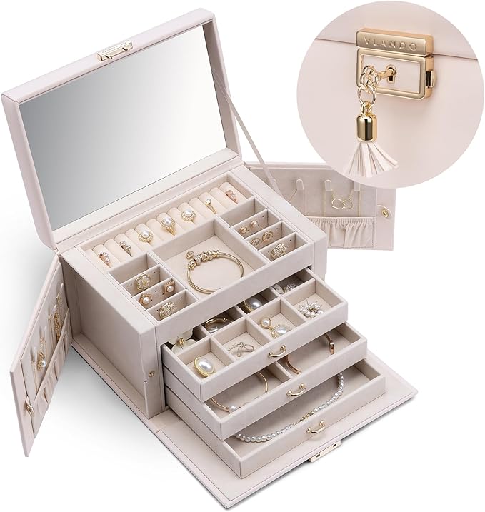 Vlando Lockable Jewelry Box Organizer with Key, 3-Tiered Storage Tray for Necklaces Earrings Rings Bracket Accessories Storage Display, Full HD-Mirror, Pink Beige