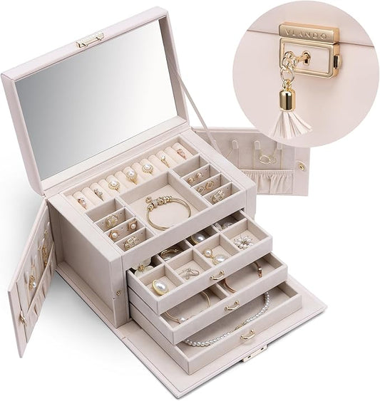 Vlando Lockable Jewelry Box Organizer with Key, 3-Tiered Storage Tray for Necklaces Earrings Rings Bracket Accessories Storage Display, Full HD-Mirror, Pink Beige