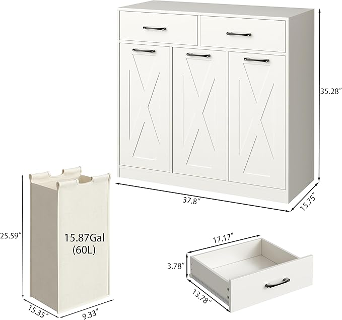 Herture Laundry Hamper Cabinet, Laundry Basket 3 Section with 2 Storage Drawers, Laundry Sorter with Pull-Out Removable Large Bags, 3 x 15.87 Gallons (60L), for Laundry Room Bathroom, White YL01XLW