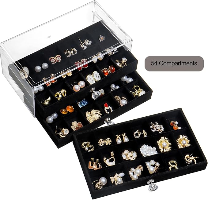 SPAKOWN Earring Box Holder Organizer Case, Clear Velvet Jewelry Storage Tray Organizer for Earring Ring Stud (Black - 3 Drawers)