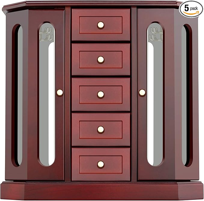 RR ROUND RICH DESIGN Jewelry Box - Made of Solid Wood with Cabinet Type 5 Drawers Organizer and 2 Separated Open Doors on 2 Sides and Large Mirror Brown