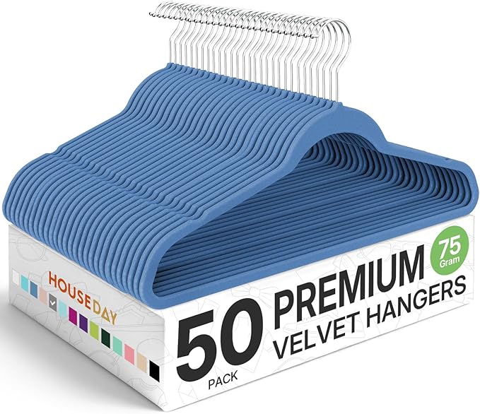 HOUSE DAY Premium Velvet Hangers 50 Pack Blue, Non-Slip Flocked Felt Hangers, Sturdy Clothes Hanger with 360° Rotatable Hook, Heavy Duty Durable Slim Coat Hanger for Closet Space Saving