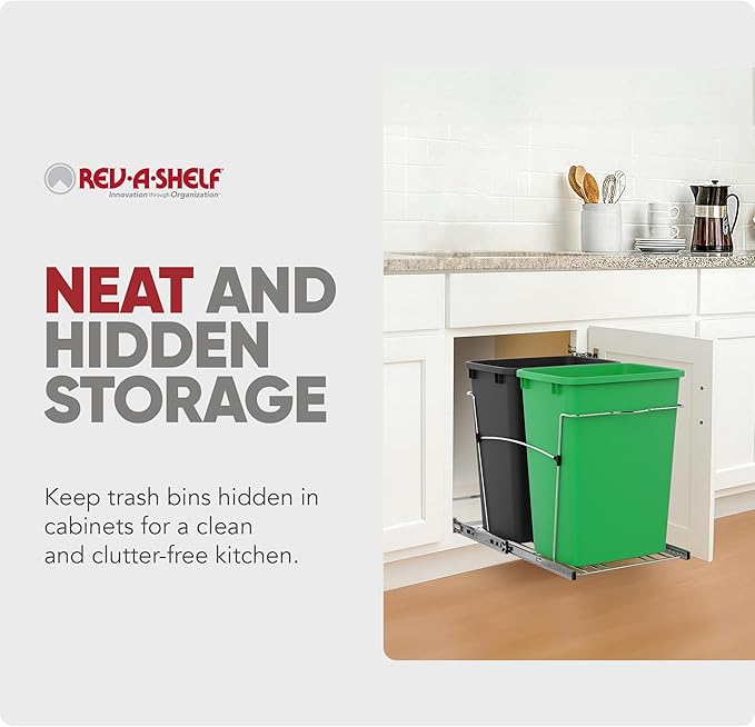 Rev-A-Shelf RV-18KD-1918C-S Double Pullout Trash Can for Kitchen Cabinets 35 Quart Garbage Recycling Bin Container on Full Slides, Green/Black