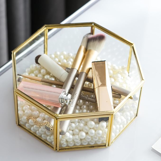 Glass Vintage Jewelry Box, Geometric Jewelry Display Organizer Box Vanity Lidded Box Home Decor Accent Decorative Box for Storage Trinket Rings Bracelet