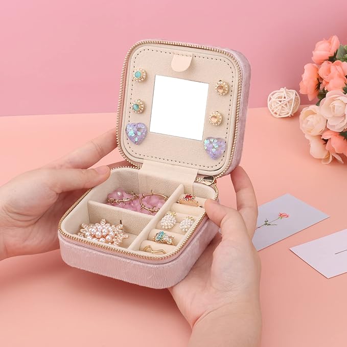 DesignSter Travel Jewelry Box - Velvet Mini Jewelry Organizer, Small Jewelry Case for Girls Women, Jewelry Storage Box for Rings Earrings Necklace (Square, Lotus Pink)