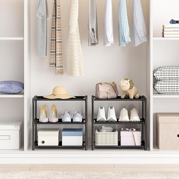 Autonomier 3 Tier Extra Small Shoe Rack (16.3" Wide), Narrow Stackable Shoe Shelf for Kids Toddler Adult, Ultra-Lightweight Shoe Rack Stand for Closet Dorm Bedroom Storage Organizer, Entryway