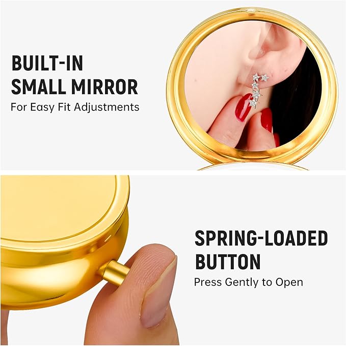 Mini Travel Jewelry Box with Built-In Mirror, Ultra-Portable Jewelry Holder for Rings, Necklaces, Earrings, Pills, Tea Bags, Small Accessories, Press-to-Open Multifunctional Storage (Gold)