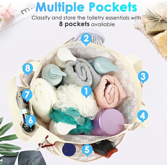 Fammart Mesh Shower Caddy Portable for College Dorm Room Essentials, 8-Pocket Large Shower Basket Tote Bag with 2 Handles for Toiletry, Bathroom, Beach, Camp, Gym