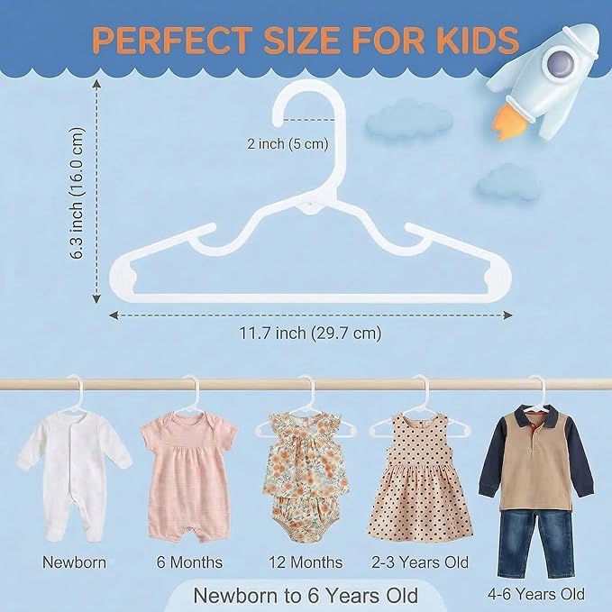 HOUSE DAY Baby Hangers 100 Pack - Durable Plastic Infant & Kids Clothes Hangers, Thin Compact Space-Saving Design for Nursery/Children's Closet, Toddler Small Hangers White (Infant/Baby/Toddler/Kids)