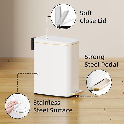 KSSKSS Small Bathroom Trash Can with Lid Soft Close, Step Pedal, 6L / 1.6 Gal Stainless Steel Garbage Bin with Removable Inner Bucket, Slim Wastebasket for Narrow Spaces (White)