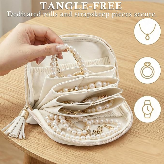 Ideal Swan Small Travel Jewelry Case, Valentines Gifts for Women, Portable Large-Capacity Tassel Jewelry Pouch Bags with Zipper, Beige Velvet Jewelry Organizer Storage Bag for Bracelet Rings Earring