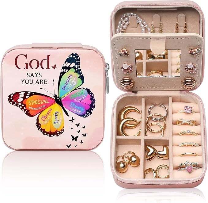 GAOLZIUY Christian Gifts for Women Girls, Inspirational Religious Birthday Gifts Butterfly Travel Jewelry Box, Spiritual Catholic Faith Prayer Gift for Friends, Mom, Sister