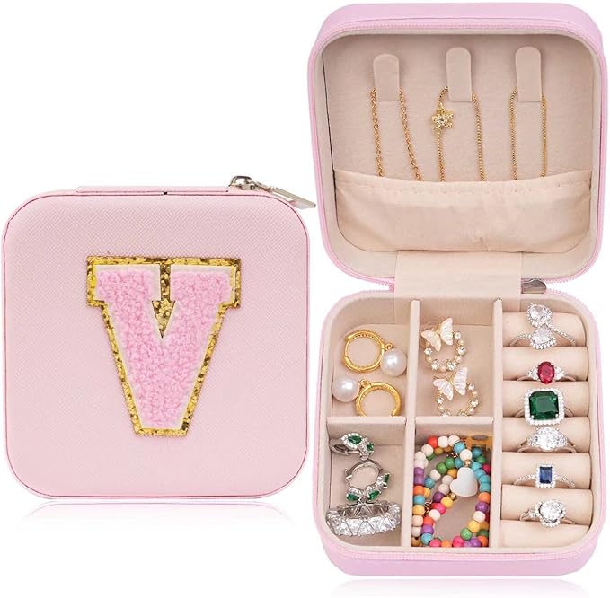 ETHOON Jewelry Travel Case Small Organizer Stocking Box Personalized Gifts Teenage Jewelry Accessories Holiday Wedding Christmas Gift for Women Pink, Letter V