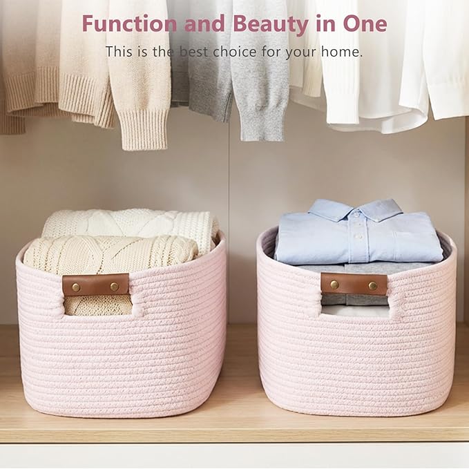 ECDYQXVU Cotton Rope Basket, Storage Baskets with Handle, 15x10x9 Inch Woven Basket for Shelves, Laundry, Towels, Clothes, Books (Light/Pink 2Pack)