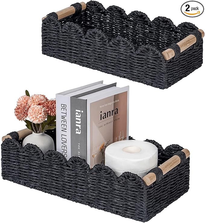 CubesLand Toilet Paper Storage Basket, Scalloped Edge Shelves Basket for Organizing for Over Toilet Tank Storage, Home Decor Baskets for Shelf, Countertop, Living Room, Bedroom, Handwoven, Black