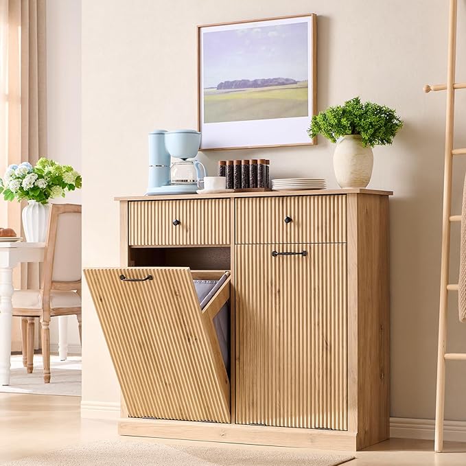 IFBUY Modern Double Tilt-Out Laundry Hamper Cabinet, 20 Gallon Fluted Trash Can Cabinet with 2 Drawers, Wooden Hidden Garbage Can Cabinets with Laundry Basket, for Bathroom and Kitchen, Natural Oak