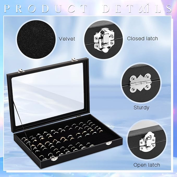 Yinkin 2 Pcs 100 Slots Ring Organizer Box with Transparent Glass Lid Necklace Display Tray Ring Case Velvet Jewelry Holder(Ring)