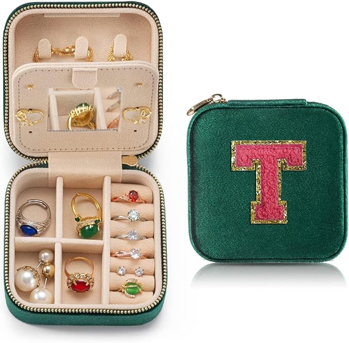 Personalized Small Velvet Travel Jewelry Case for Women Ring Necklace Earring Holder Organizer Box with Mirror, Velvet Green Jewelrys Case Girls Jewelryes Box,Birthday Gifts Mom Letter T