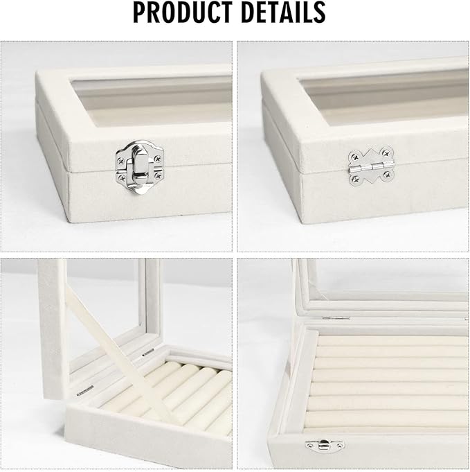 Vicoter Rings Organizer Tray 7 Slots Velvet Jewelry Earring Storage Box with Transparent lid Jewelry Display Case for Girls Wife Mom Women (Beige)