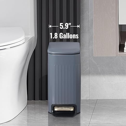 SYNCVIBE Slim Bathroom Trash Can with Lid Soft Close, Stainless Steel Garbage Can Step Trash Bin with Removable Inner Bucket for Bedroom, Office, Kitchen (Matt Grey, 1.8 Gallons)