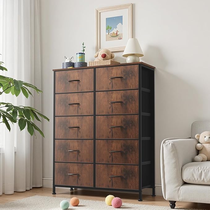 Sweetcrispy 10 Drawer Dresser, Tall Fabric Dresser for Bedroom, Storage Tower with Bins Chest Organizer Unit for Closet, Hallway, Steel Frame Wood Top, Easy Pull Handle, Rustic Brown