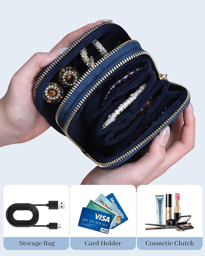 Stratalife Travel Jewelry Case Organizer 2-Layer Compact Storage Bag for Rings Earrings Necklace Bracelet Portable Velvet Jewelry Pouch with Zippers Travel Essential Gift for Women Navy Blue