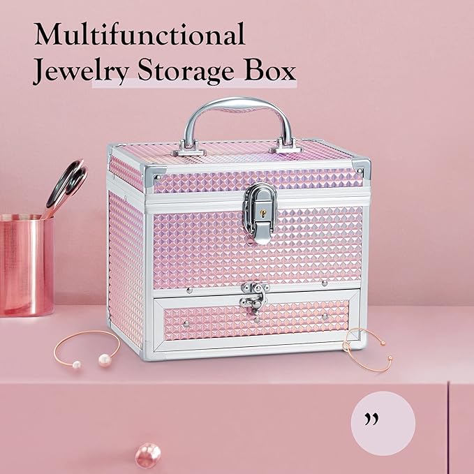 Hododou Girls Jewelry Box Organizer with Drawer & Mirror, Shiny Pink Style Lockable Storage Case for Kid or Little Girls Jewelry and Hair Accessories