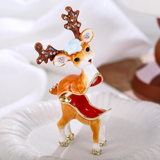 Hand Painted Animal Trinket Box for Home Decor, Hinged Jewelry Organizer Storage, Unique Personalized Collectible Keepsake Figurine Handmade Decorative Ornament Gifts (Sika Deer)