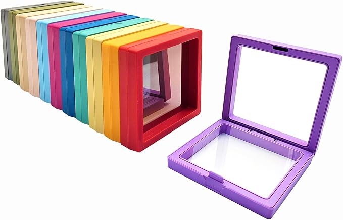 12PCS 3D Floating Frame Display Stand, Jewelry Box, Gift Box, Ornament Organizer, Small Travel Jewelry Box, PE Film Anti-Oxidation, Suspended Display Box Stackable (Multicolour, 3.54 * 3.54)