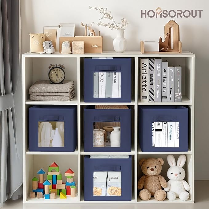 Homsorout Storage Cube 11 Inch - Cube Storage Bins with Window, Closet Storage Baskets with Handle, Fabric Bins for Closet, Shelves, Toys, Clothes, Set of 8, Navy Blue