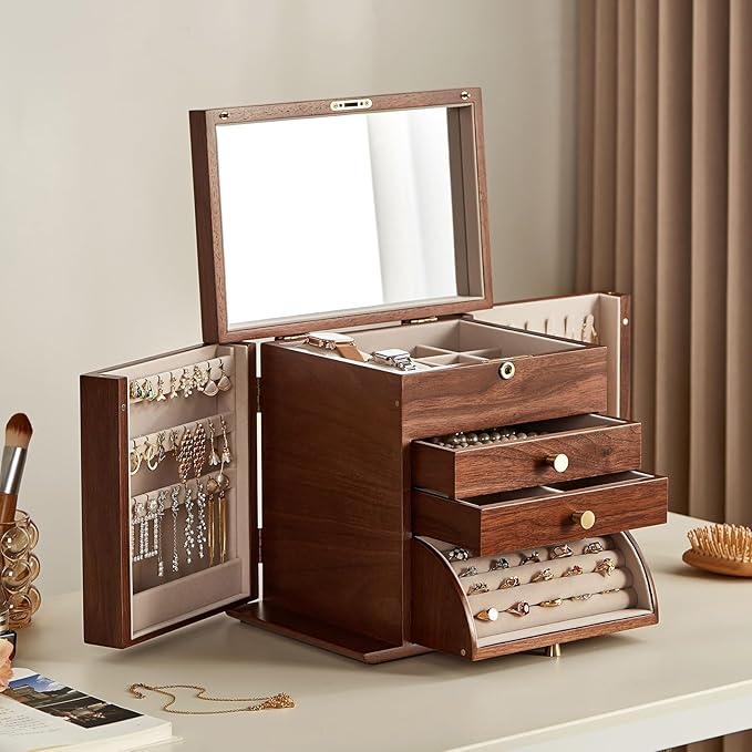 Black Walnut Wooden Jewelry Box, Wood Jewelry Organizer with 2 Side Doors Mirror Lockable Classical for Watch Necklace Ring Earring Mothers Day Gifts for Mo-4 Layer with Curved Ring Grooves