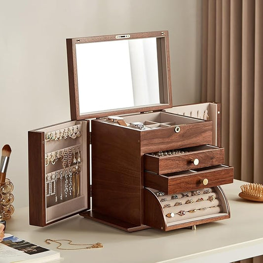 Black Walnut Wooden Jewelry Box, Wood Jewelry Organizer with 2 Side Doors Mirror Lockable Classical for Watch Necklace Ring Earring Mothers Day Gifts for Mo-4 Layer with Curved Ring Grooves