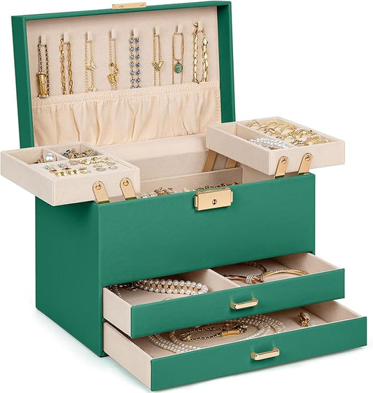 AKOZLIN Travel Jewelry Box Organizer Functional 2-trays Leather Jewelry Storage Case with Lockable Portable 2 Drawers for Women Girls Ring Necklace Earring Bracelet