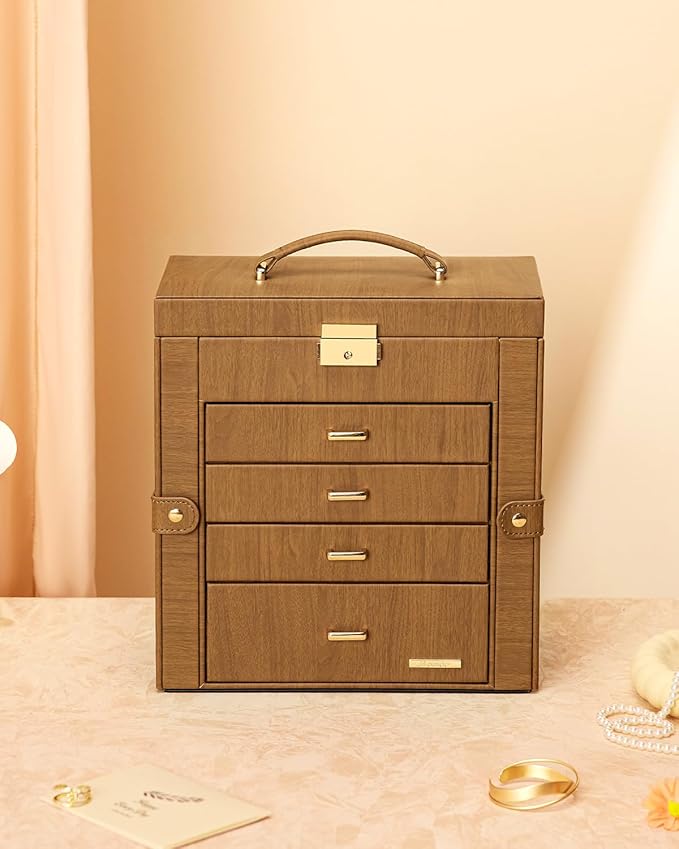 Homde Mothers Day Gifts Synthetic Leather Huge Jewelry Box Mirrored Watch Organizer Necklace Ring Earring Storage Lockable Gift Case (Brown + Gold)