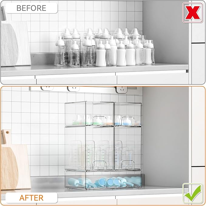 Yieach 5 Set Clear Baby Bottle Organizer for Countertop,BPA FREE Bottle Station Organizer for Breast Pump Parts,Pacifier and Baby Accessories,Stackable Drawers for Bathroom,Cabinet,Pantry Organization