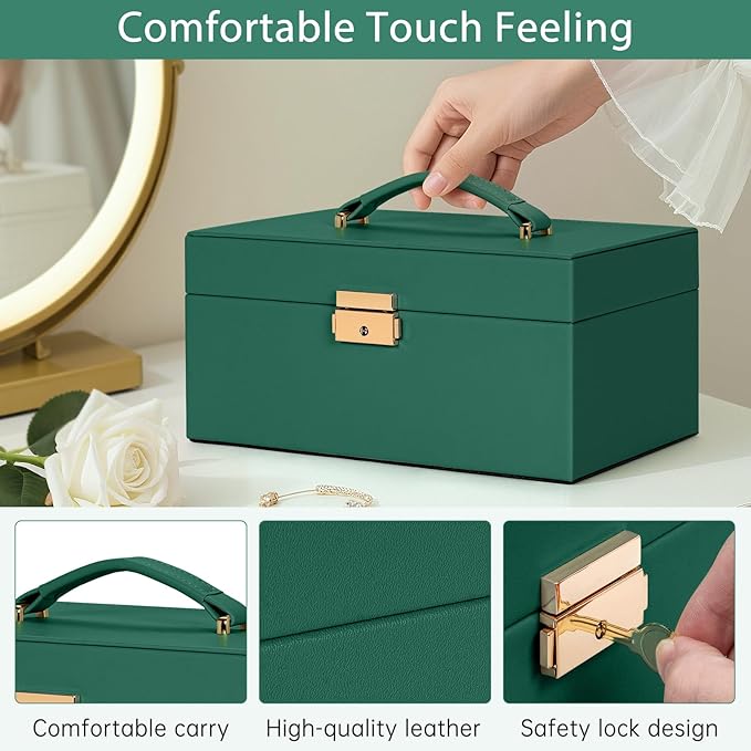 AKOZLIN Travel Jewelry Box Organizer Functional 2-trays Leather Jewelry Storage Case with Lockable Portable for Women Girls Ring Necklace Earring Bracelet