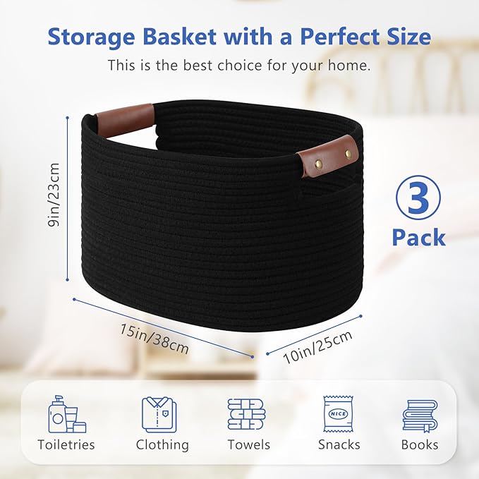 ECDYQXVU Cotton Rope Basket, Storage Baskets with Handle, 15x10x9 Inch Woven Basket for Shelves, Laundry, Towels, Clothes, Books, (Black 3Pack)