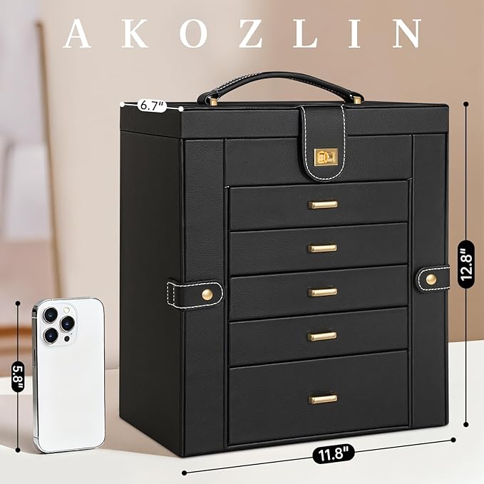 AKOZLIN Huge Jewelry Box Organizer Functional Extra Large Leather Jewelry Storage Case for Women Girls Ring Necklace Earring Bracelet Holder Organizer with Mirror Black