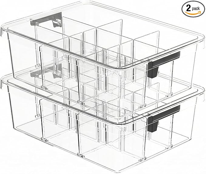 Socks Bra Underwear Drawer Organizer for Closet, 2 PCS Plastic Storage Box with 9 Removable Compartments and Lid, Clear Dresser Drawer Organizer Storage Container with Dividers for Sock Ties Belts