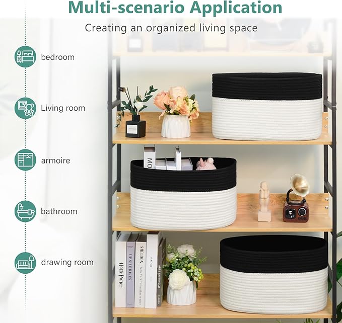 ECDYQXVU Cotton Rope Storage Basket, 15x10x9 Inches, Woven Basket for Shelves, Clothes, Towels, Books, and Laundry, Black/ White (2 Pack)